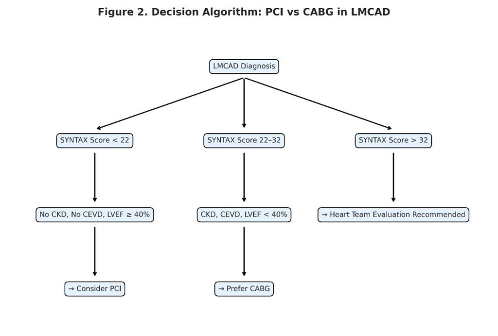 Figure 2. Decision algorithm for revascularization in LMCAD based on SYNTAX score and major clinical factors (CKD, CEVD, LVEF).