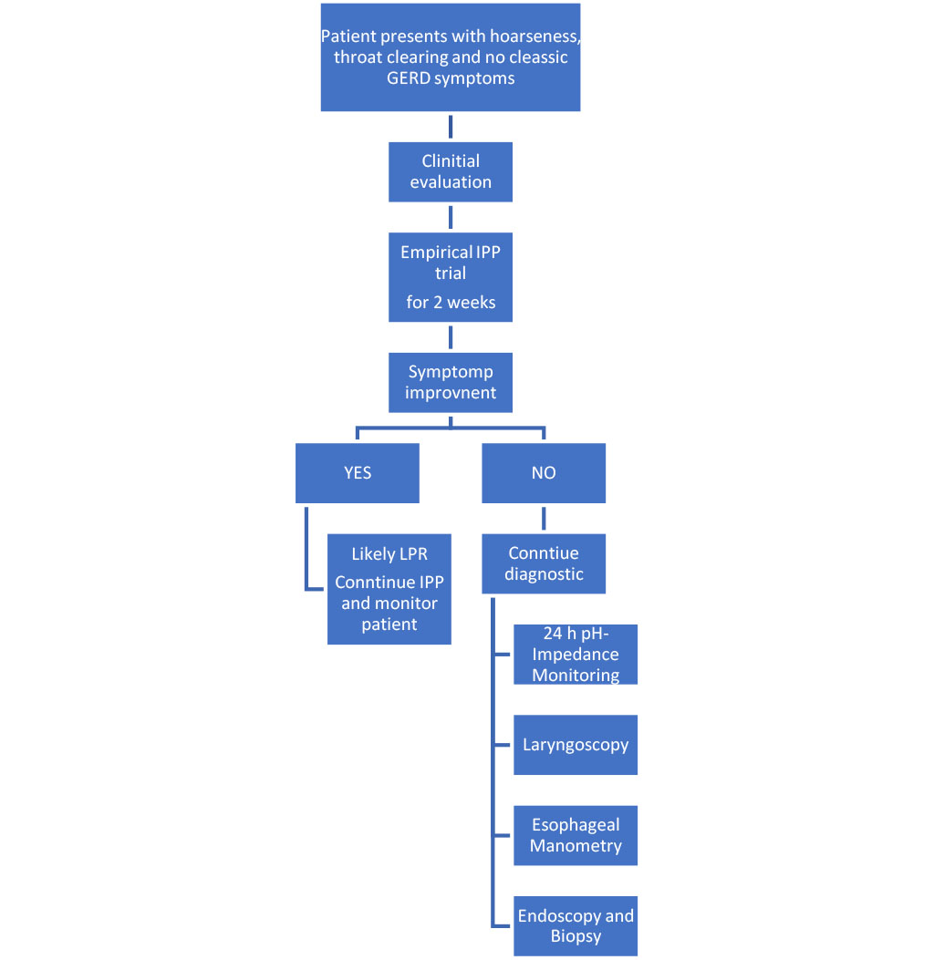 Figure 3. Diagnostic algorithm for GERD/LPR-related hoarseness